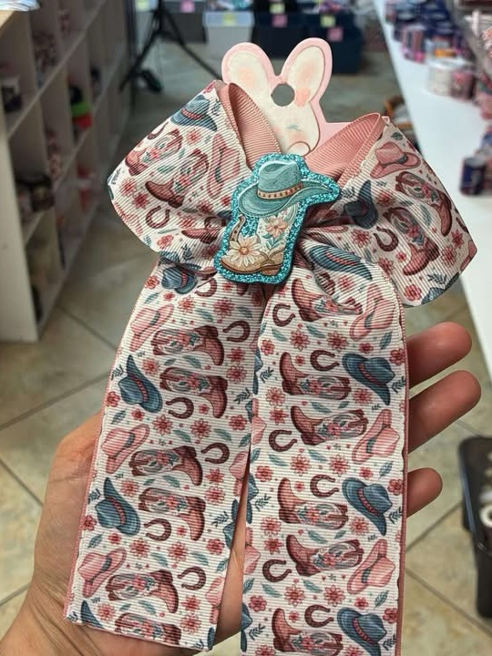 Cowgirl Print Hair Bow with Turquoise Cowboy Hat Accent